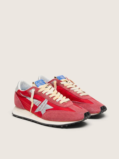 Golden Goose Womens Marathon With Red Nylon Upper And Silver Star Womens