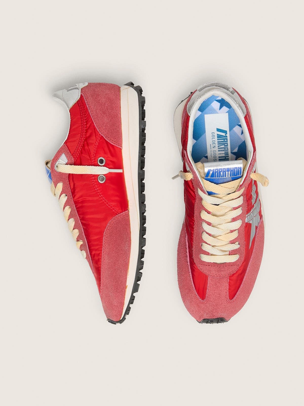 Golden Goose Womens Marathon With Red Nylon Upper And Silver Star Womens