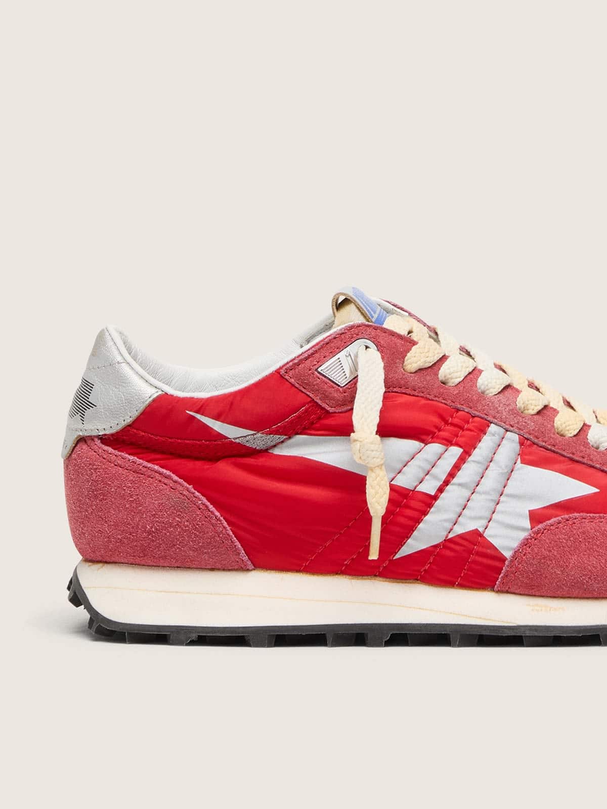 Golden Goose Womens Marathon With Red Nylon Upper And Silver Star Womens