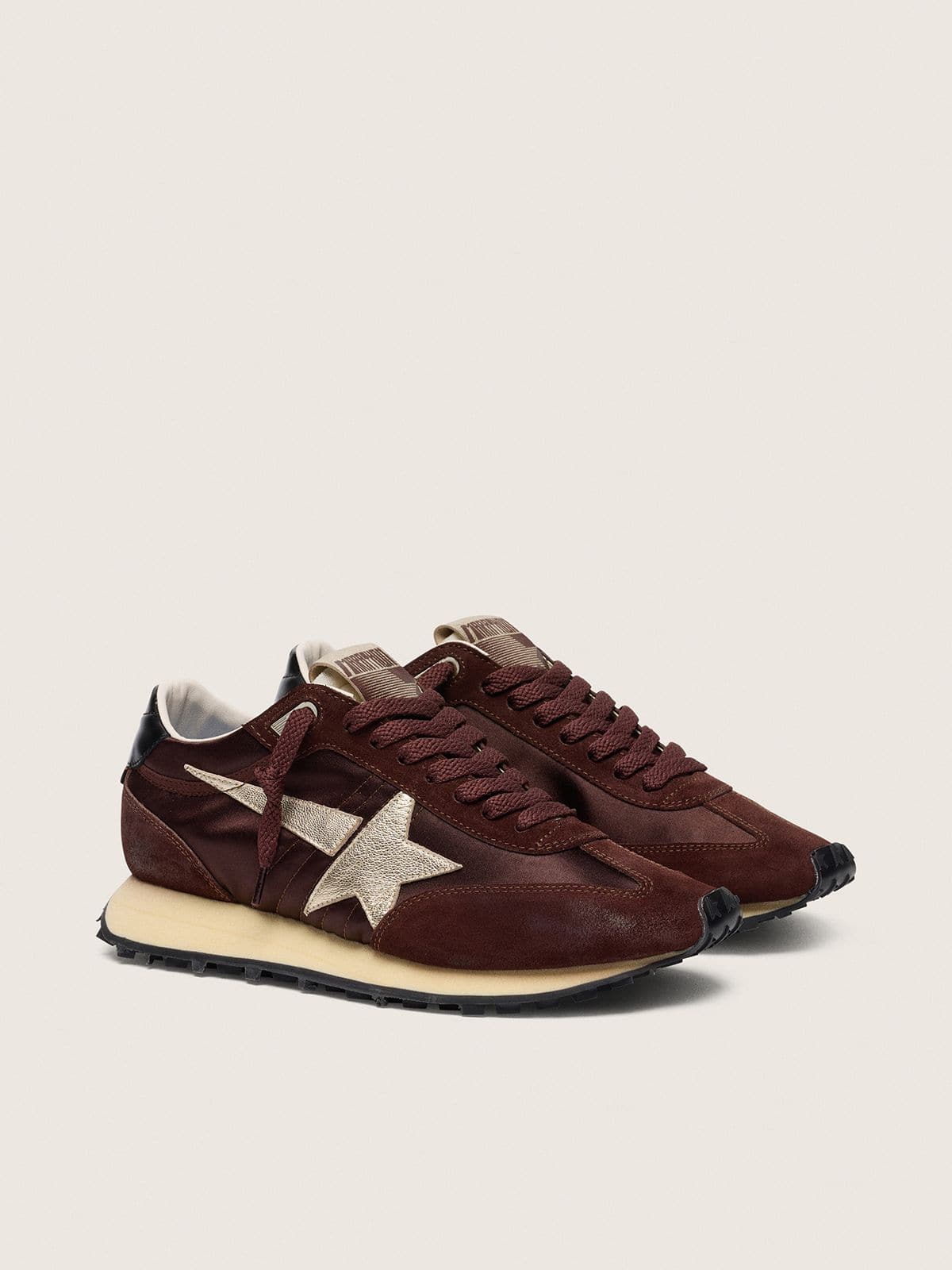 Golden Goose Womens Marathon With Brown Satin Upper And Platinum Leather Star Womens