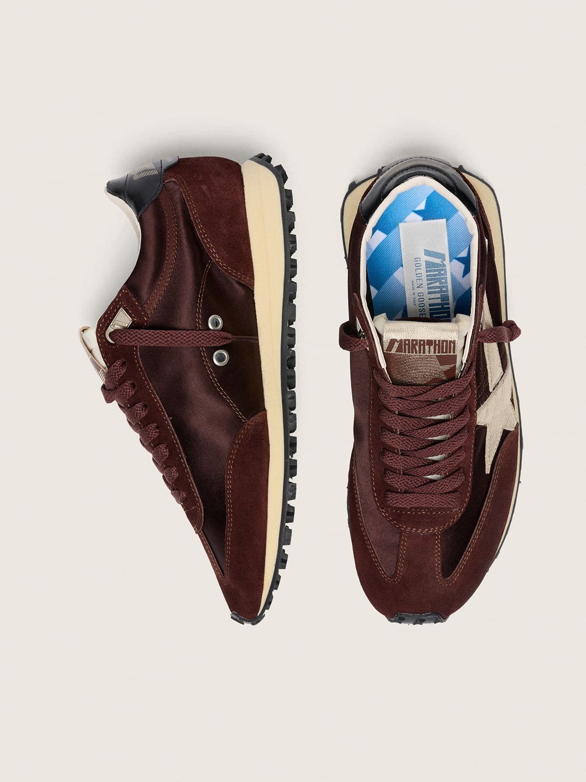 Golden Goose Womens Marathon With Brown Satin Upper And Platinum Leather Star Womens