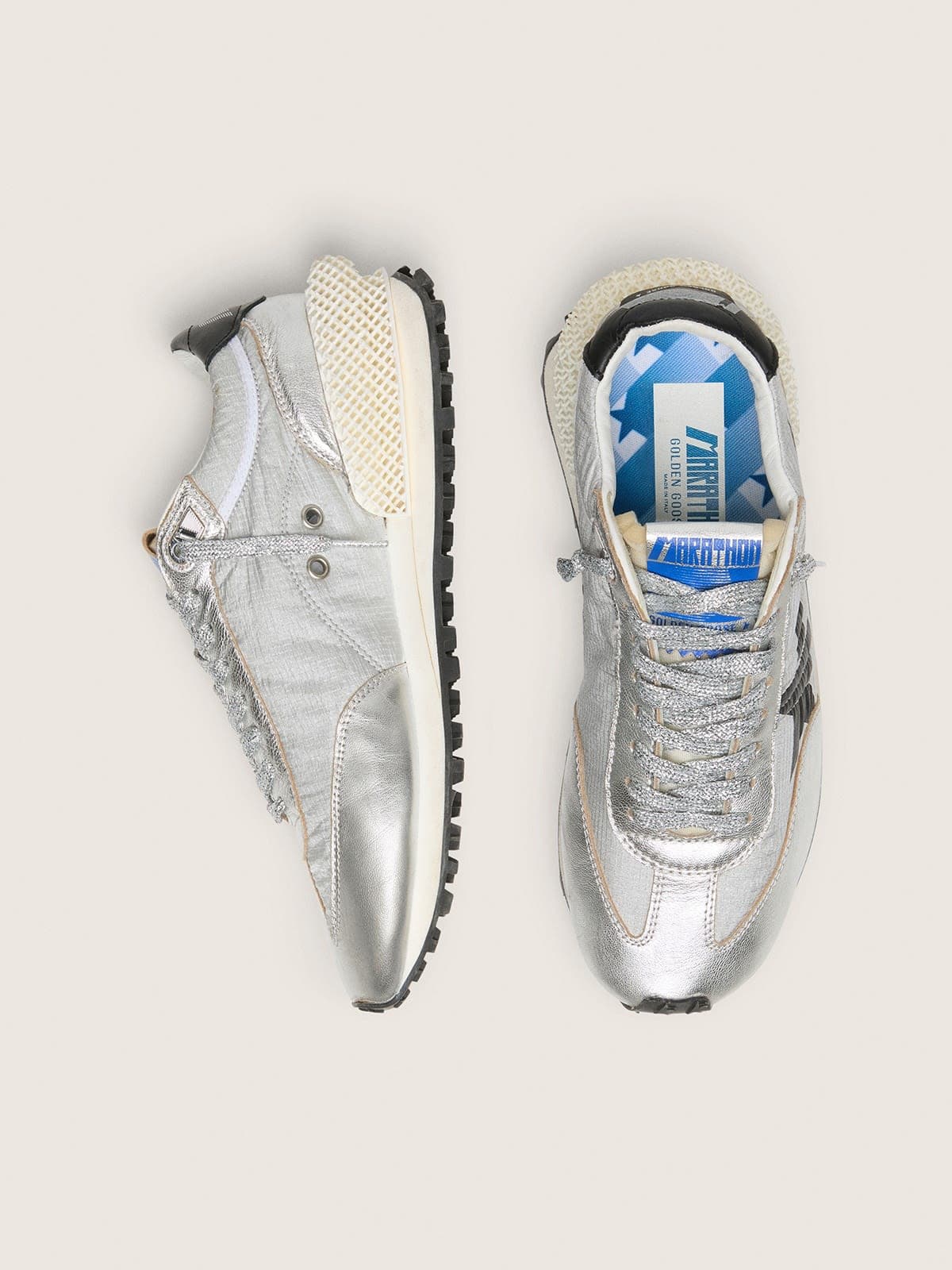 Golden Goose Womens Marathon With Silver Ripstop Nylon Upper And Black Star Womens