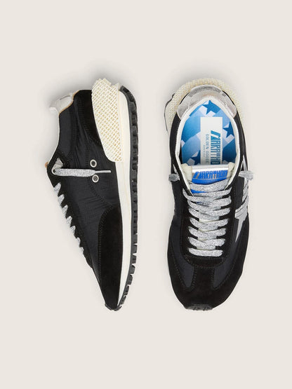 Golden Goose Womens Marathon With Black Ripstop Nylon Upper And Silver Star Womens