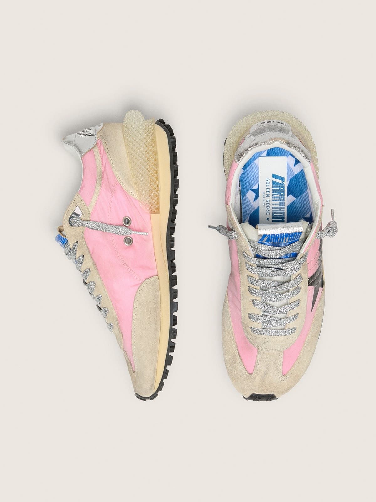 Golden Goose Womens Marathon In Pink Nylon And Beige Suede With Black Printed Star Womens