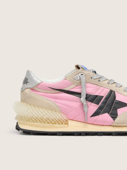 Golden Goose Womens Marathon In Pink Nylon And Beige Suede With Black Printed Star Womens