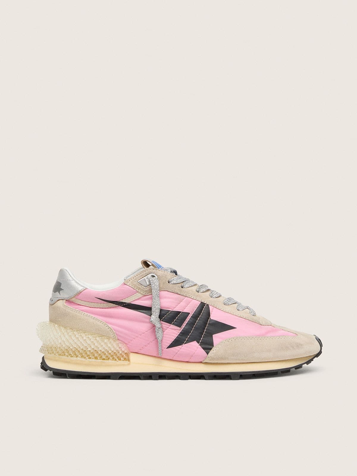 Golden Goose Womens Marathon In Pink Nylon And Beige Suede With Black Printed Star Womens