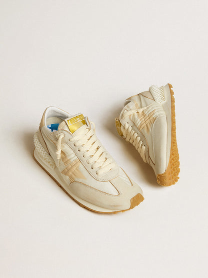 Golden Goose Womens Marathon In Beige Nylon And Gray Leather With Beige Printed Star Womens