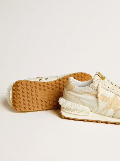 Golden Goose Womens Marathon In Beige Nylon And Gray Leather With Beige Printed Star Womens
