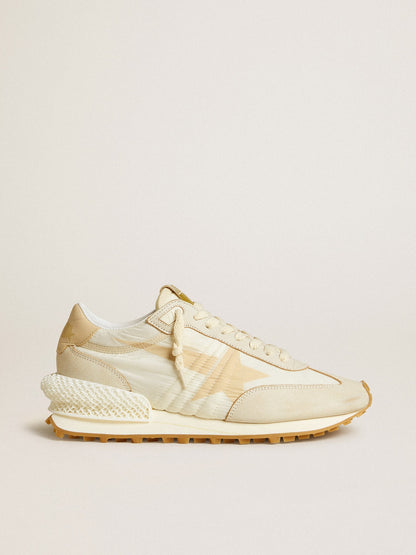 Golden Goose Womens Marathon In Beige Nylon And Gray Leather With Beige Printed Star Womens