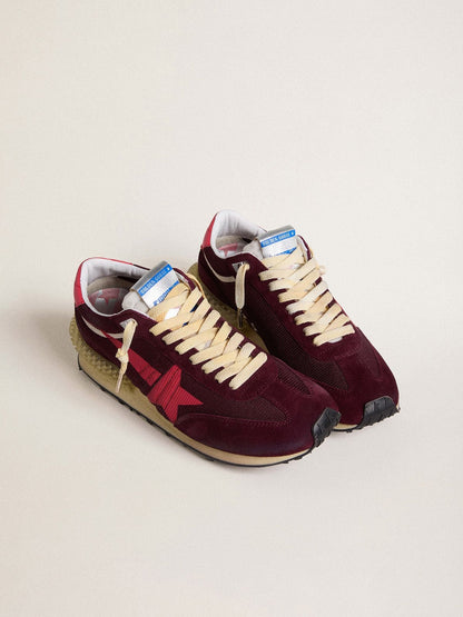 Golden Goose Womens Marathon In Burgundy Mesh And Suede With Printed Pink Star Womens