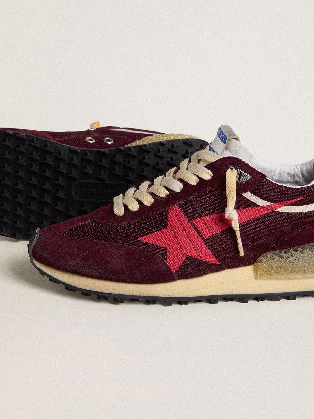 Golden Goose Womens Marathon In Burgundy Mesh And Suede With Printed Pink Star Womens