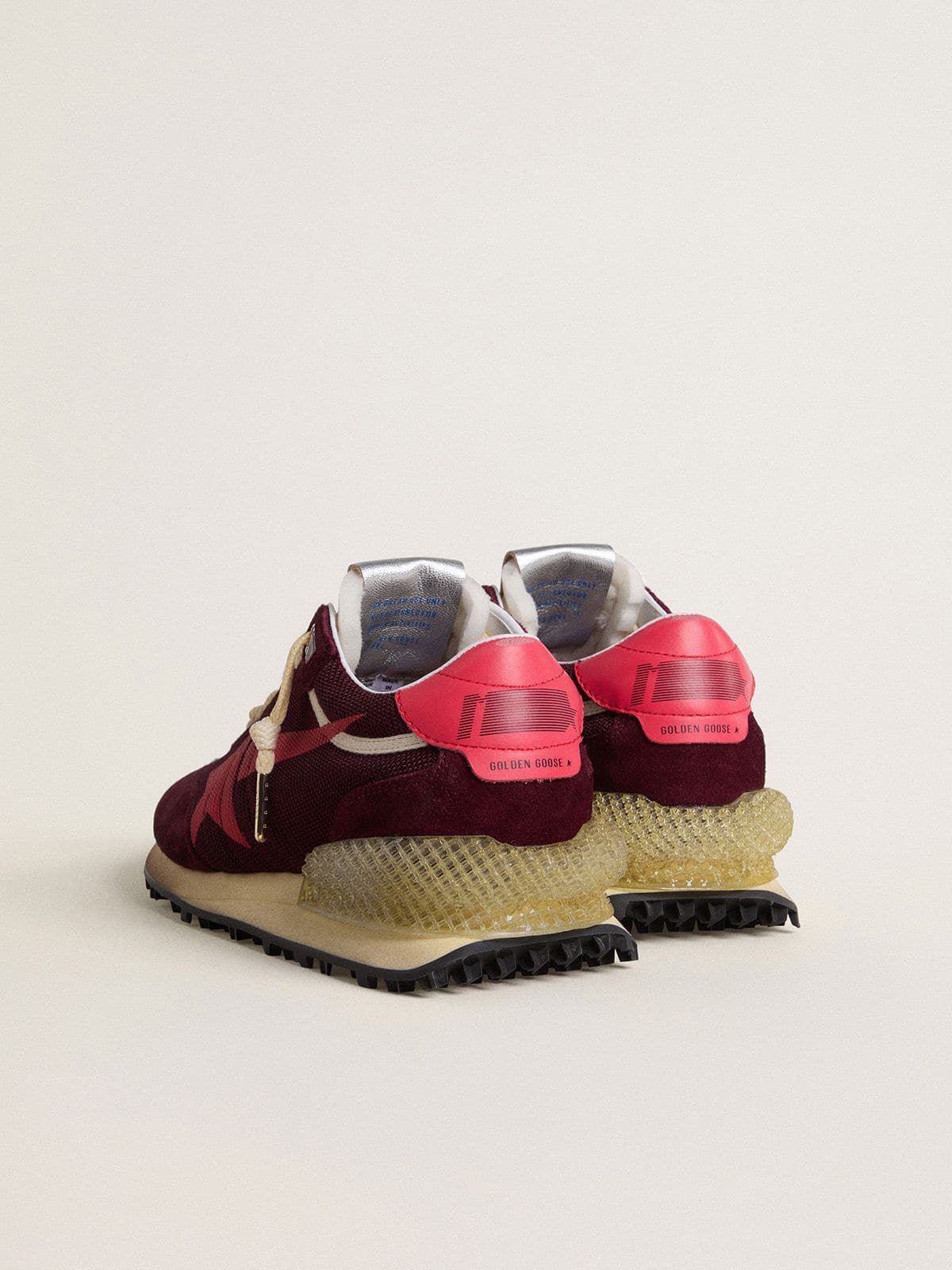 Golden Goose Womens Marathon In Burgundy Mesh And Suede With Printed Pink Star Womens