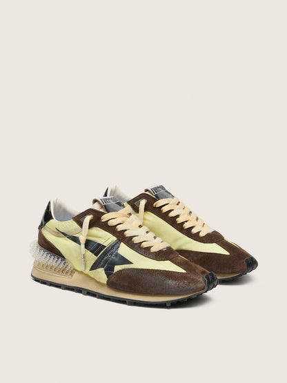 Golden Goose Womens Marathon In Lime-Green Nylon With Black Star And Brown Suede Inserts Womens