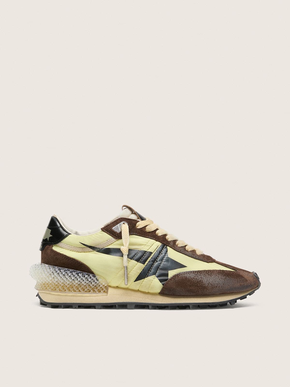 Golden Goose Womens Marathon In Lime-Green Nylon With Black Star And Brown Suede Inserts Womens