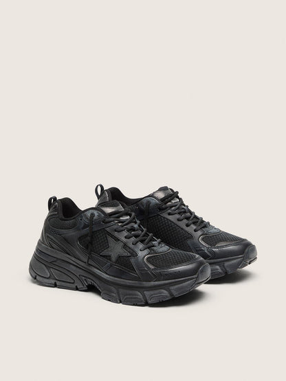 Golden Goose Womens Lightstar With Black Leather And Mesh Upper And Black Star Womens