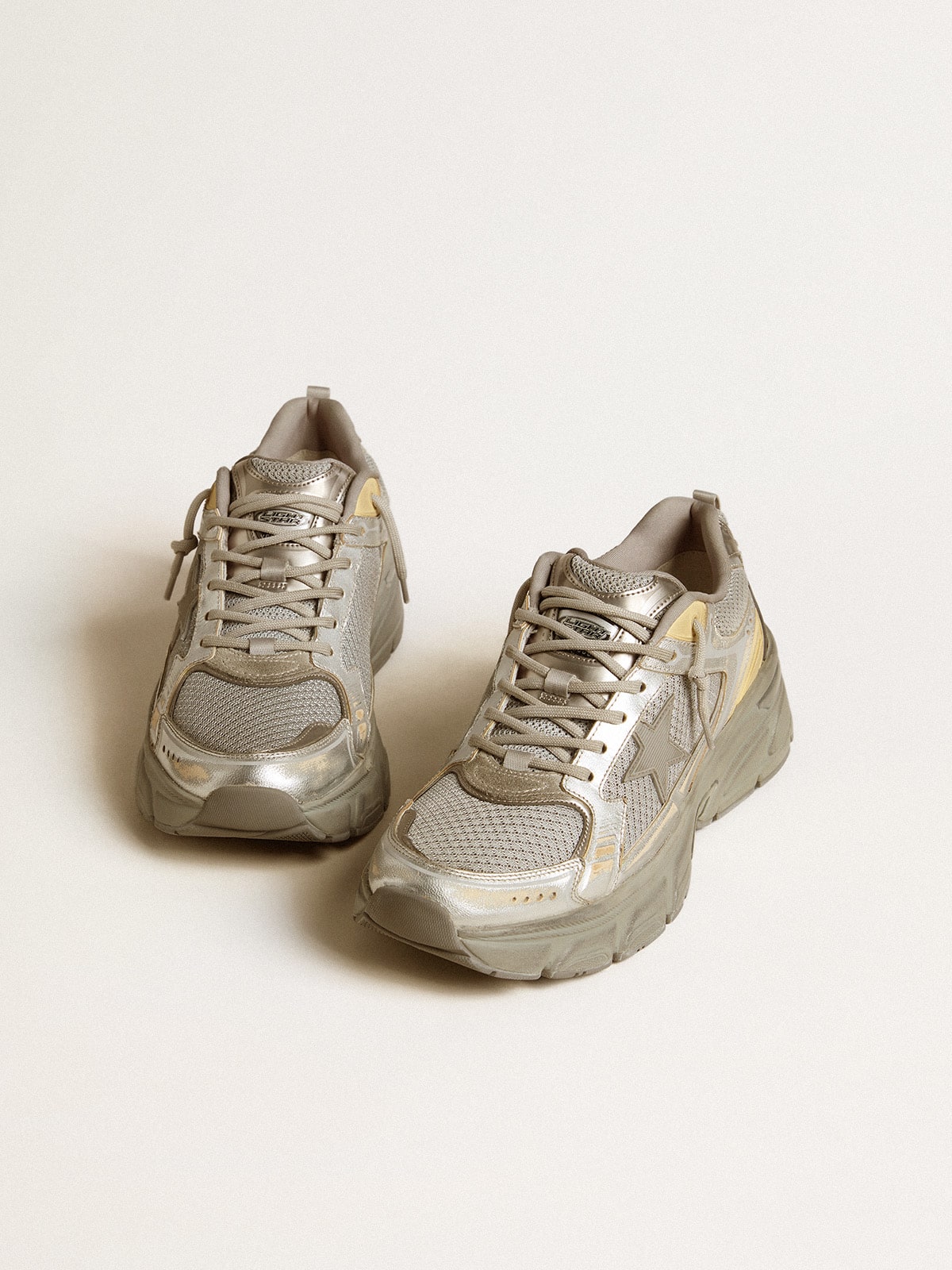 Golden Goose Womens Lightstar In Metallic Leather And Silver Mesh With Gray Star Womens