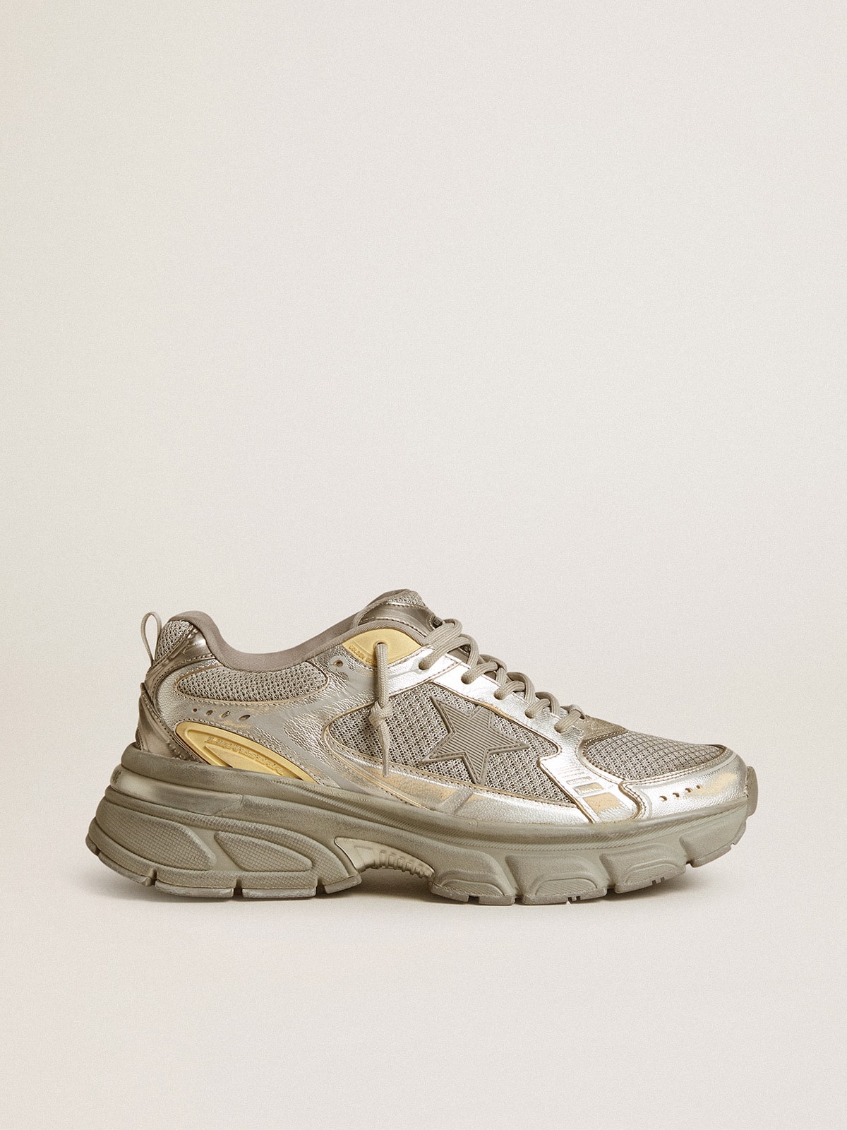 Golden Goose Womens Lightstar In Metallic Leather And Silver Mesh With Gray Star Womens