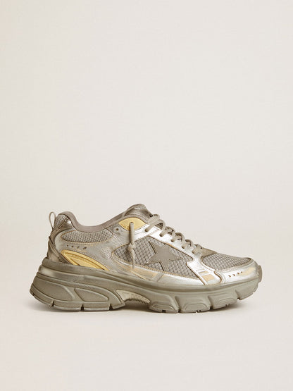 Golden Goose Womens Lightstar In Metallic Leather And Silver Mesh With Gray Star Womens