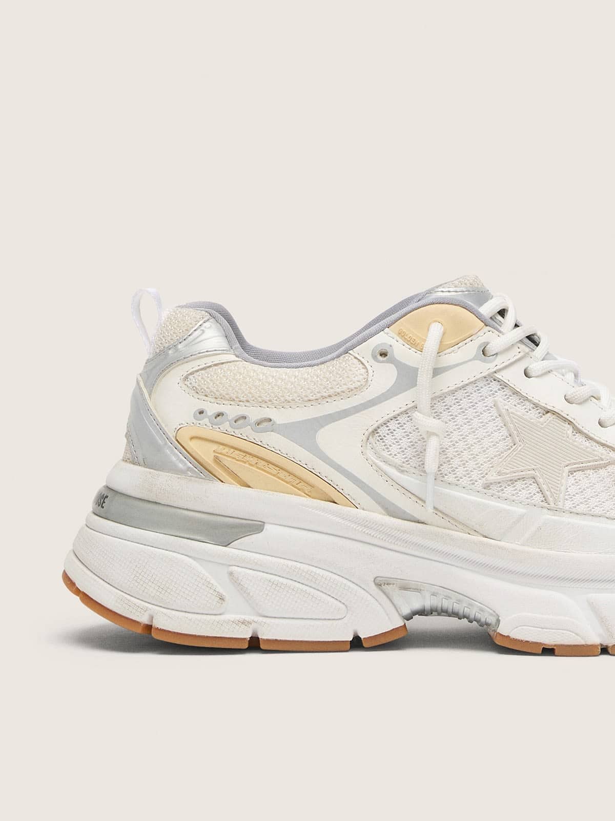 Golden Goose Womens Lightstar In White Leather And Mesh With Worn-White Star Womens