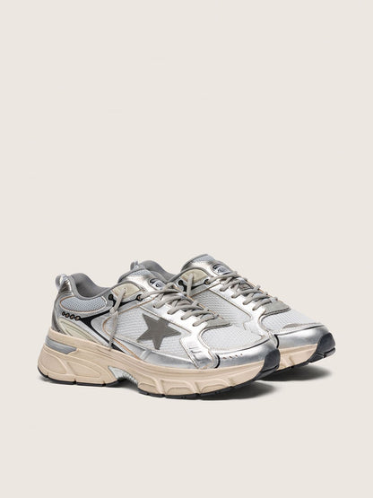 Golden Goose Womens Lightstar In Gray Mesh And Silver Nappa Leather With Gray Tpu Star Womens