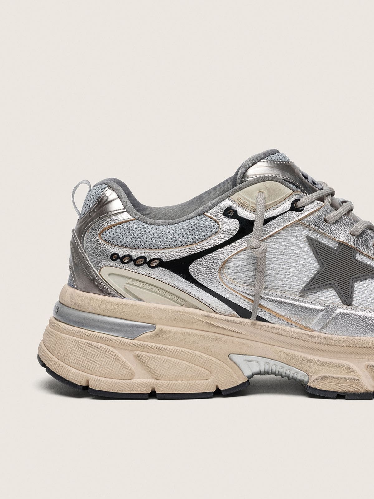 Golden Goose Womens Lightstar In Gray Mesh And Silver Nappa Leather With Gray Tpu Star Womens