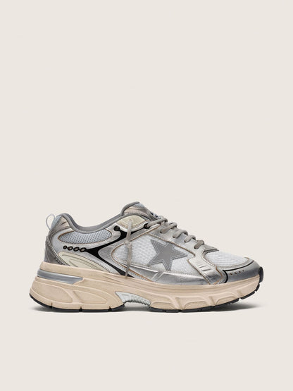 Golden Goose Womens Lightstar In Gray Mesh And Silver Nappa Leather With Gray Tpu Star Womens