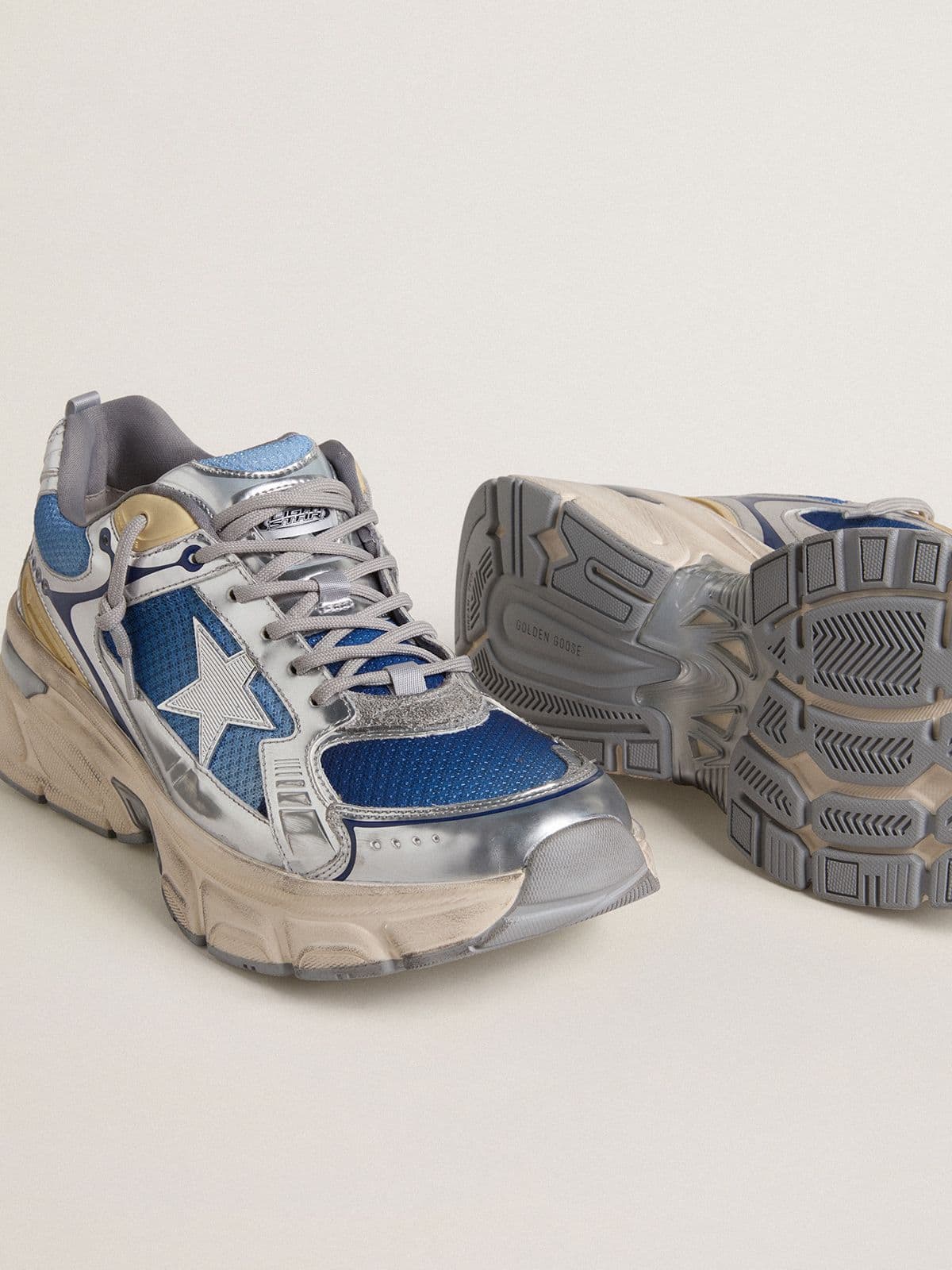 Golden Goose Womens Lightstar In Light Blue Mesh With White Tpu Star And Silver Bio-Based Inserts Womens