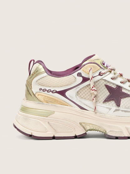 Golden Goose Womens Lightstar Cny In White Mesh And Leather With Wine-Red Tpu Star Womens