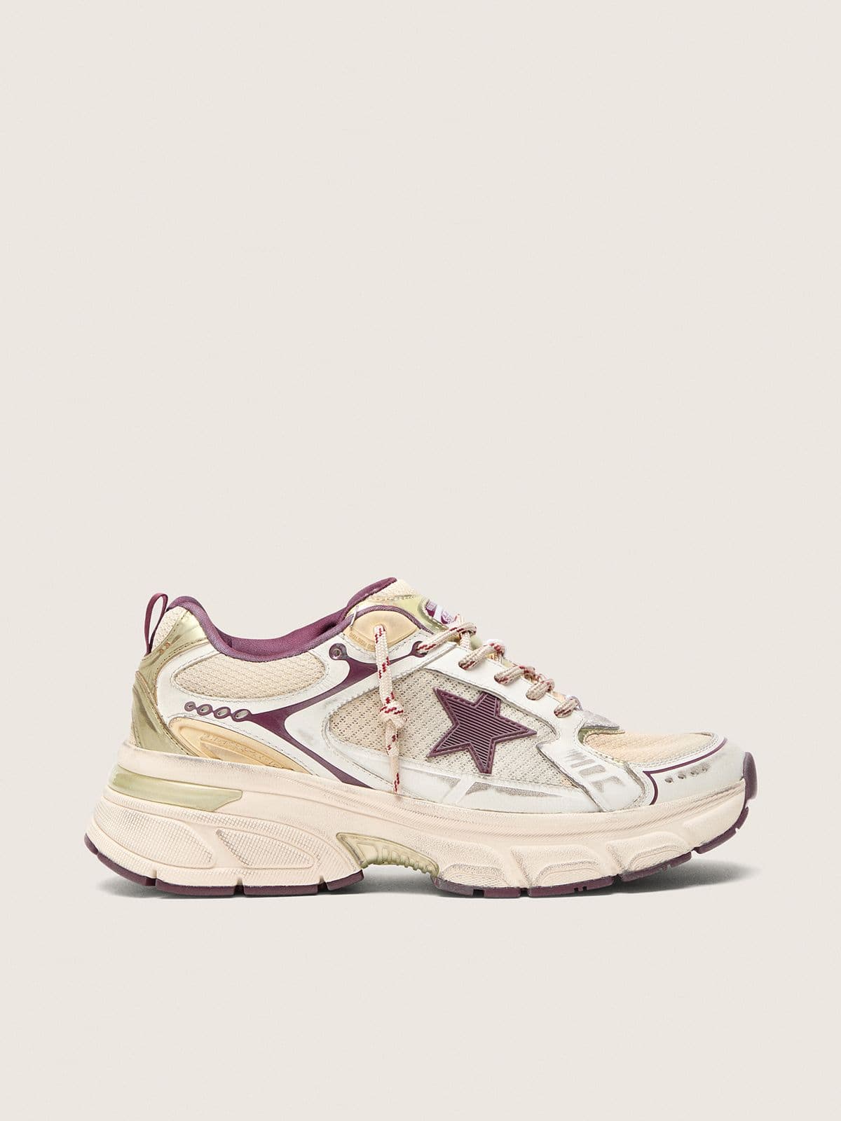 Golden Goose Womens Lightstar Cny In White Mesh And Leather With Wine-Red Tpu Star Womens