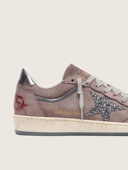 Golden Goose Womens Ball Star In Lavender Suede With Silver Glitter Star And Laminated Leather Heel Tab Womens