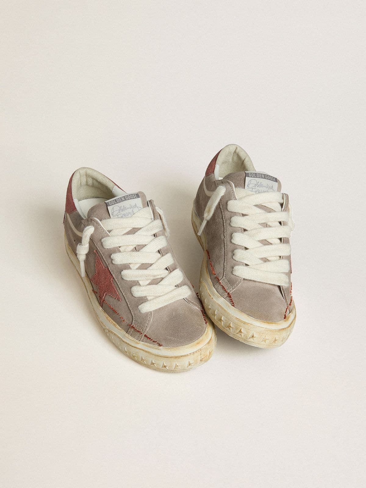 Golden Goose Womens Super-Star Ltd In Gray Suede With Red Waxed Suede Star And Heel Tab Womens