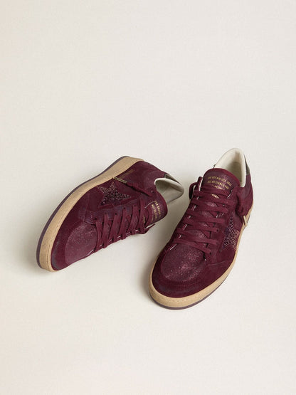Golden Goose Womens Ball Star In Burgundy Suede With Crystal Star And Metallic Leather Heel Tab Womens