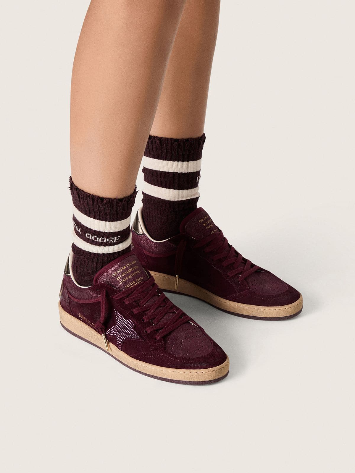 Golden Goose Womens Ball Star In Burgundy Suede With Crystal Star And Metallic Leather Heel Tab Womens