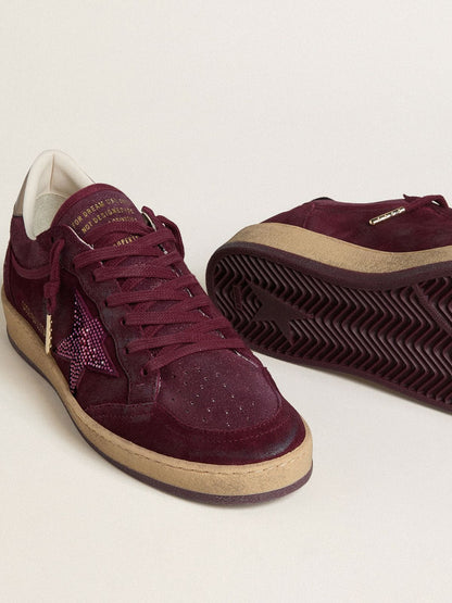 Golden Goose Womens Ball Star In Burgundy Suede With Crystal Star And Metallic Leather Heel Tab Womens