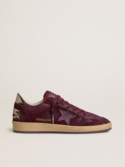 Golden Goose Womens Ball Star In Burgundy Suede With Crystal Star And Metallic Leather Heel Tab Womens