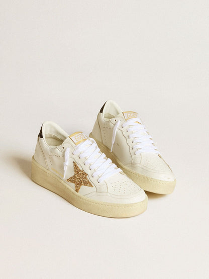 Golden Goose Womens Ball Star In White Leather With Gold Glitter Star And Black Glitter Heel Tab Womens