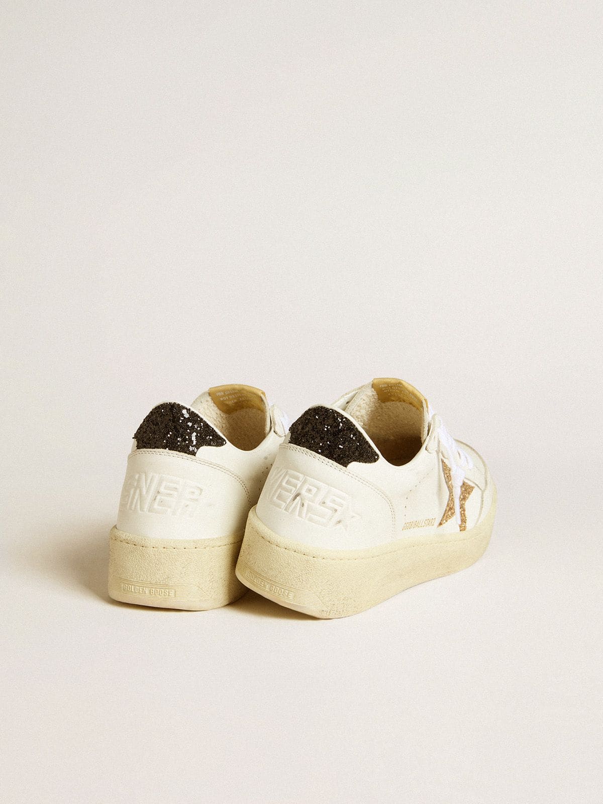 Golden Goose Womens Ball Star In White Leather With Gold Glitter Star And Black Glitter Heel Tab Womens