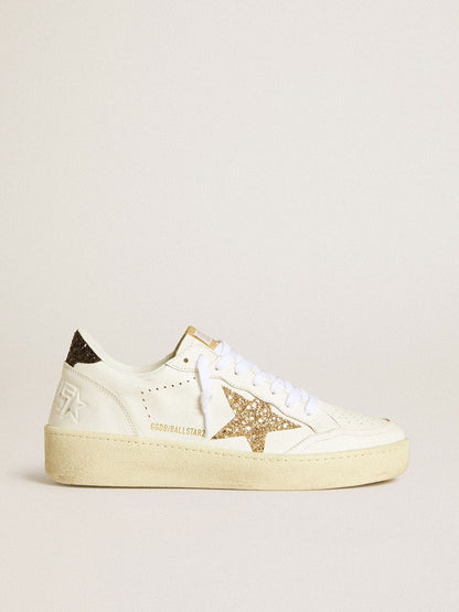 Golden Goose Womens Ball Star In White Leather With Gold Glitter Star And Black Glitter Heel Tab Womens