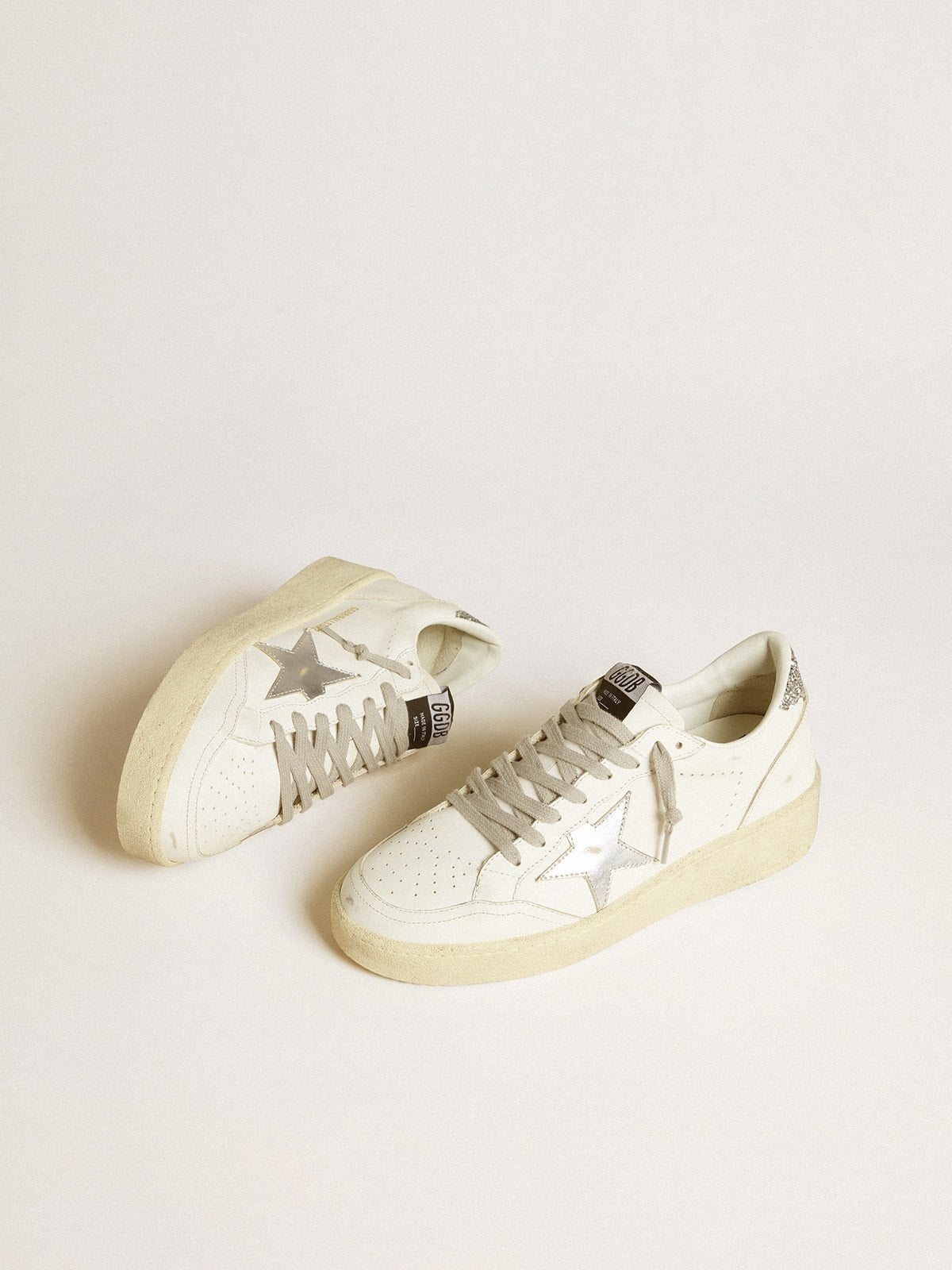 Golden Goose Womens Ball Star With Silver Leather Star And Silver Glitter Heel Tab Womens