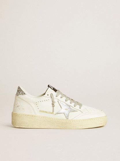 Golden Goose Womens Ball Star With Silver Leather Star And Silver Glitter Heel Tab Womens