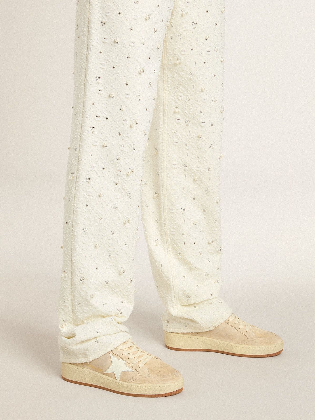 Golden Goose Womens Ball Star In Beige Suede With White Leather Star And Heel Tab Womens