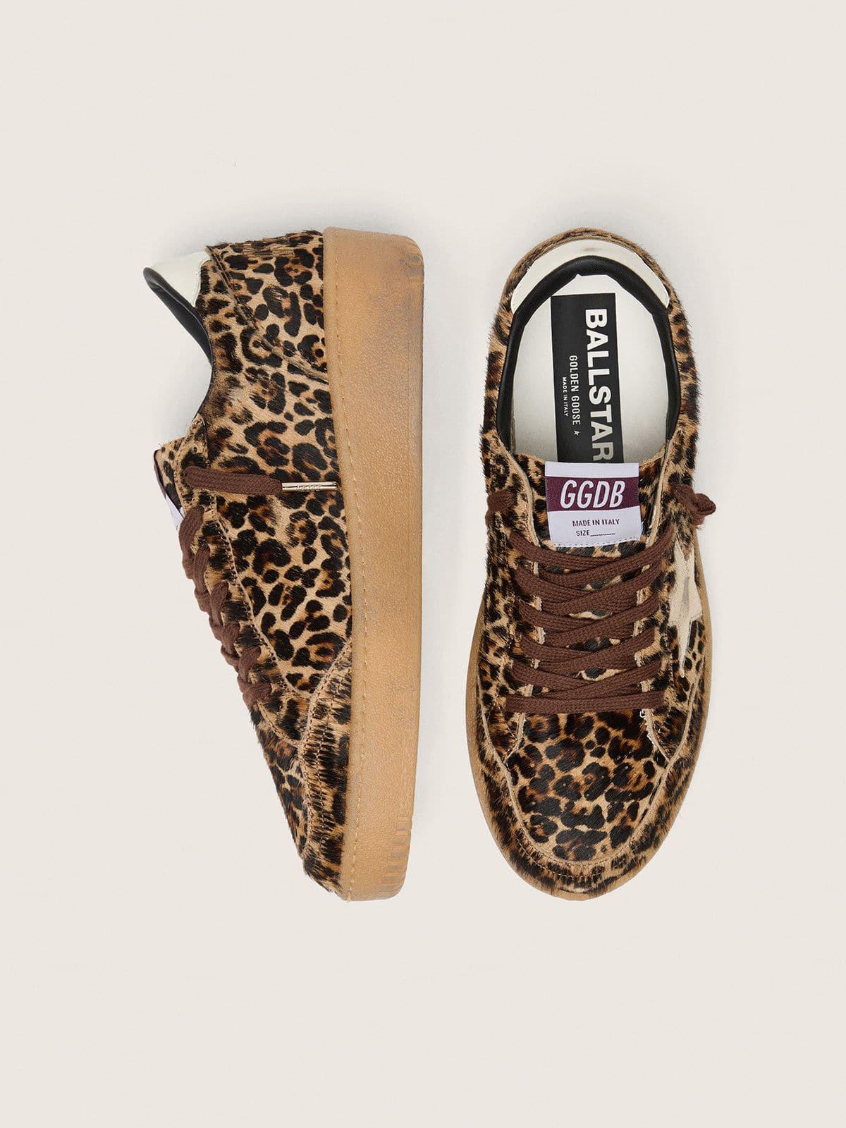 Golden Goose Womens Ball Star In Leopard-Print Pony Skin With Platinum Leather Star And White Leather Heel Tab Womens