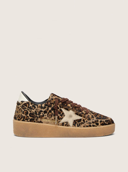 Golden Goose Womens Ball Star In Leopard-Print Pony Skin With Platinum Leather Star And White Leather Heel Tab Womens