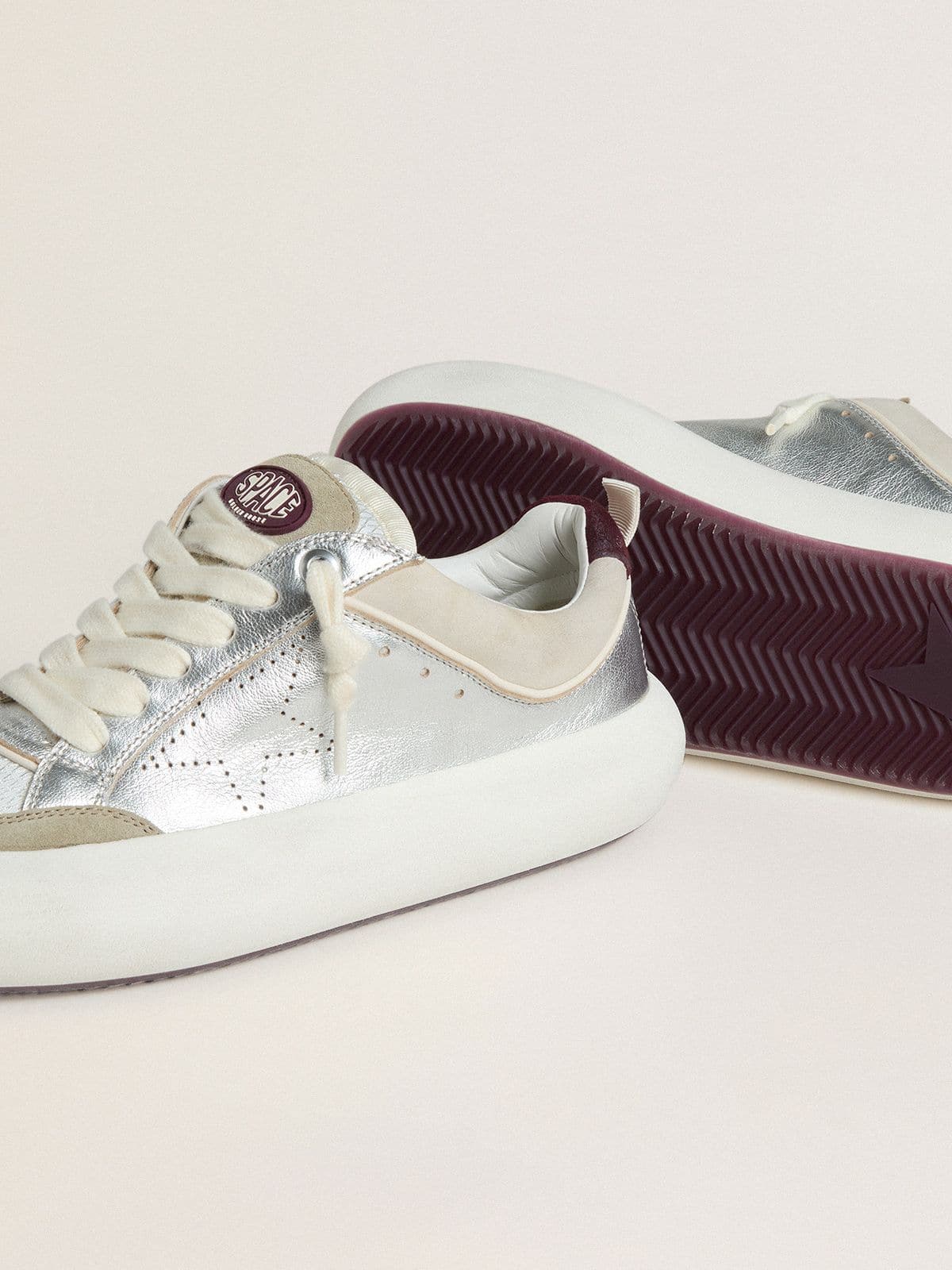 Golden Goose Womens Space-Star Cube In Ice-Gray And Silver Leather With Burgundy Heel Tab Womens