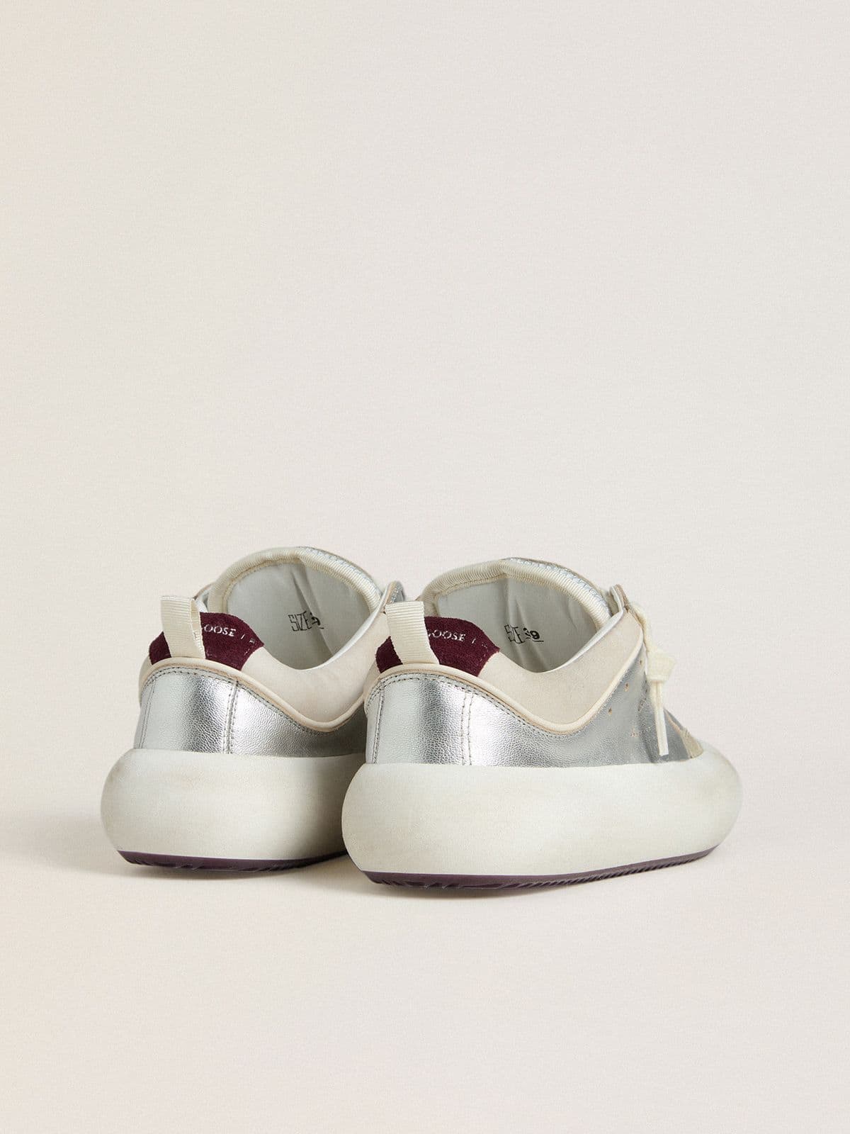 Golden Goose Womens Space-Star Cube In Ice-Gray And Silver Leather With Burgundy Heel Tab Womens