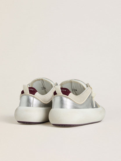 Golden Goose Womens Space-Star Cube In Ice-Gray And Silver Leather With Burgundy Heel Tab Womens