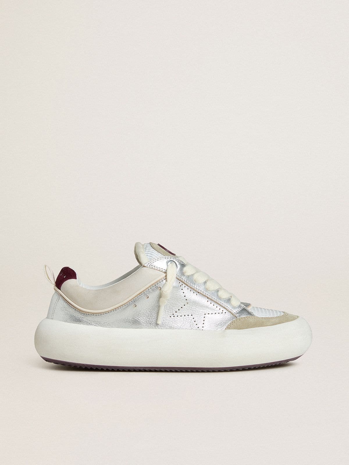 Golden Goose Womens Space-Star Cube In Ice-Gray And Silver Leather With Burgundy Heel Tab Womens
