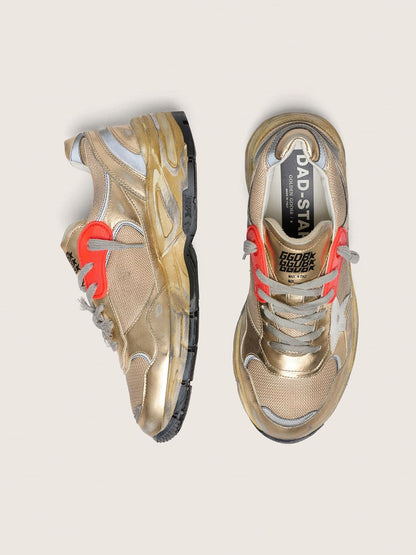 Golden Goose Womens Dad-Star In Gold Laminated Leather And Mesh With White Leather Star And Gold Leather Heel Tab Womens