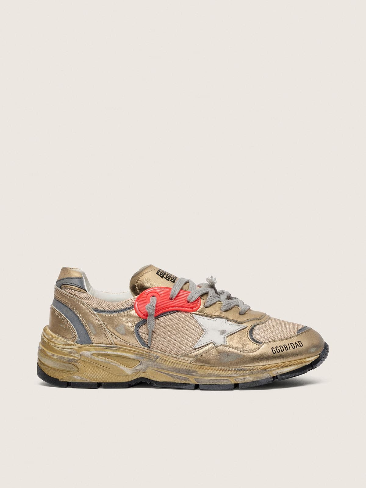 Golden Goose Womens Dad-Star In Gold Laminated Leather And Mesh With White Leather Star And Gold Leather Heel Tab Womens