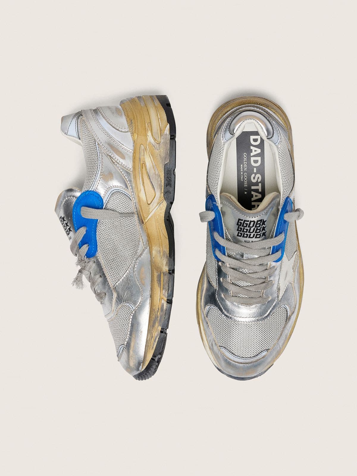 Golden Goose Womens Dad-Star In Silver Laminated Leather And Mesh With White Leather Star And Silver Heel Tab Womens